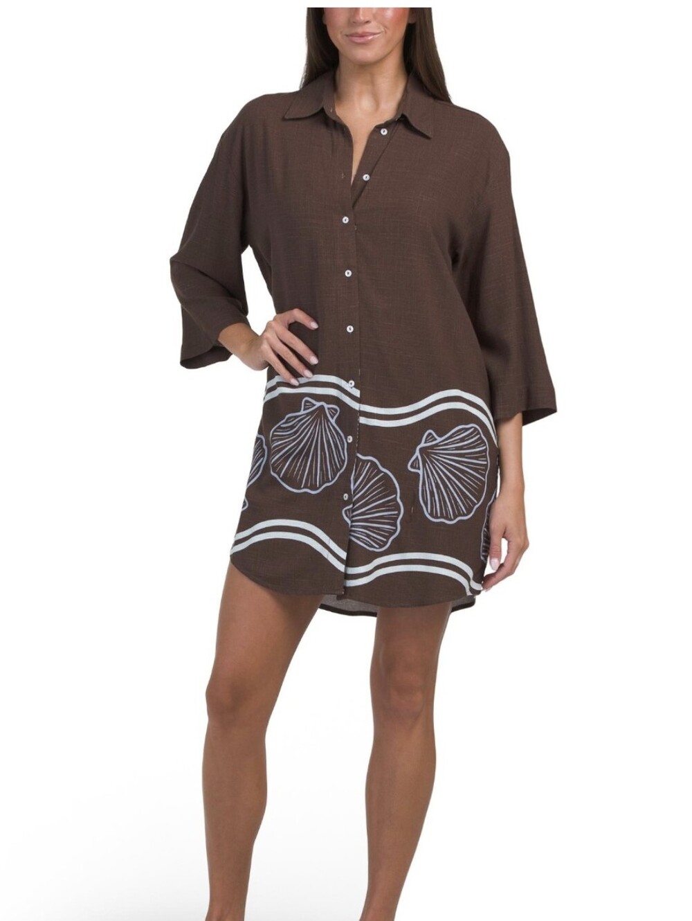 Label of love Linen Blend Shell-Trim Brown Button-Front Mini Shirt Dress, size S